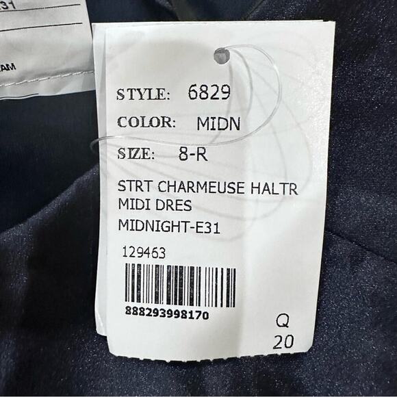 After Six Stretch Charmeuse Halter Draped Midi Dress Midnight Navy Blue Size 8 - Picture 14 of 15